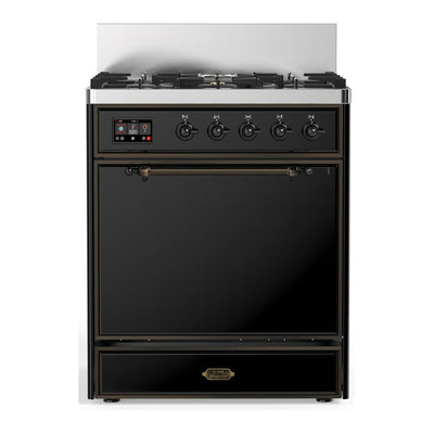 ILVE UM30QNR3BKB Majestic III 30 inch Dual Fuel Range with 5 Black Brass Burners, Dual Function Burner up to 25,000 BTU (Natural Gas, Solid Door, Glossy Black, Burnished)