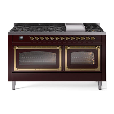 ILVE UN60FNMPBUG Nostalgie II Noblesse 60 inch Dual Fuel Range (9 Sealed Burners + Griddle, Natural Gas, Triple Glass Door, Burgundy, Brass)