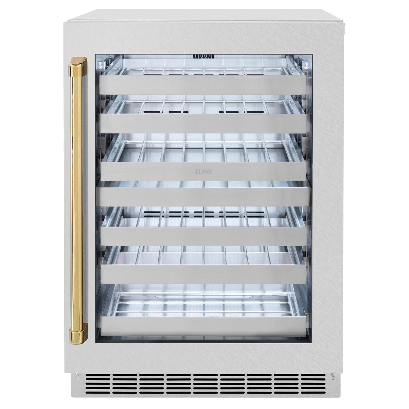 ZLINE Autograph Edition 24 in. Touchstone Dual Zone 44 Bottle Wine Cooler With DuraSnow' Stainless Steel Glass Door And Polished Gold Handle (RWDOZ-SN-24-G)