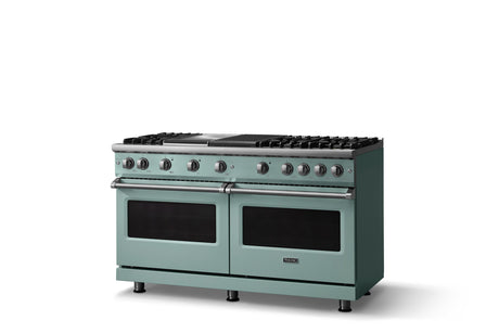 60"W. Sealed Burner Gas Range (Finish: Splash, Trim: Polished Chrome, Fuel: Natural Gas)