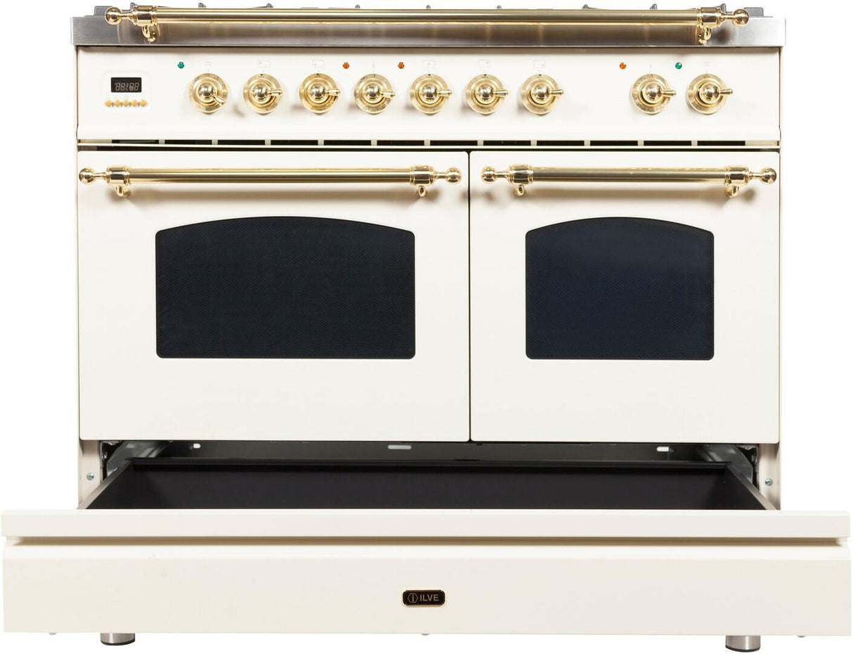Nostalgie 40 Inch Dual Fuel Natural Gas Freestanding Range in Antique White with Brass Trim
