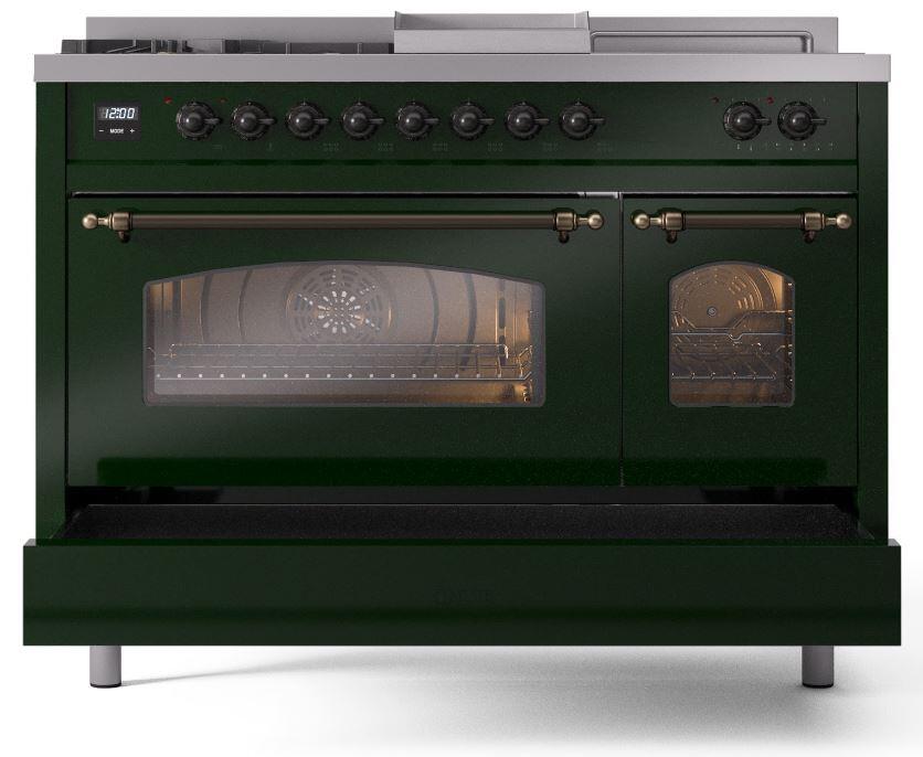 Nostalgie II 48 Inch Dual Fuel Natural Gas Freestanding Range in Emerald Green with Bronze Trim