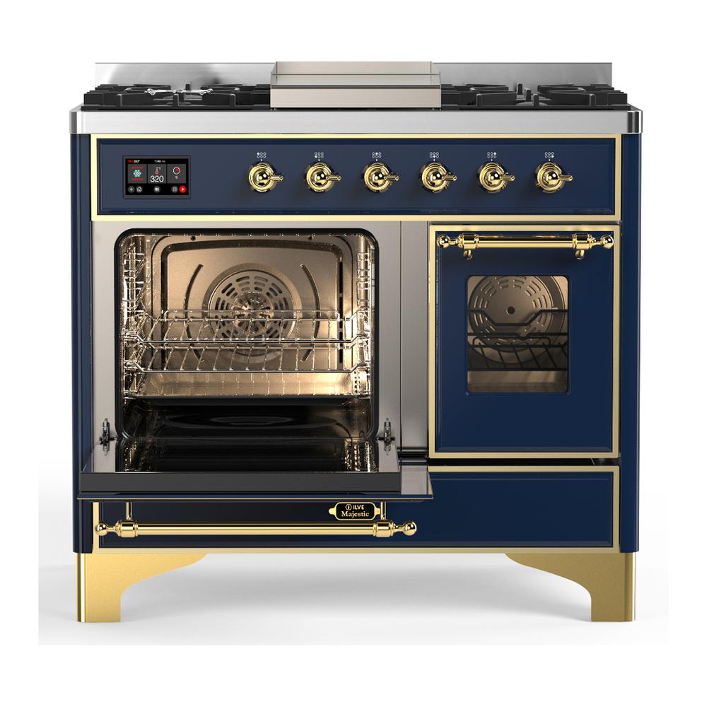 ILVE UMD40FNR3MBG Majestic III 40 inch Dual Fuel Range with 6 Burners and Griddle, Dual Function Burner up to 25,000 BTU (Natural Gas, Triple Glass Door, Midnight Blue, Brass)