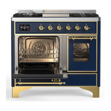 ILVE UMD40FNR3MBG Majestic III 40 inch Dual Fuel Range with 6 Burners and Griddle, Dual Function Burner up to 25,000 BTU (Natural Gas, Triple Glass Door, Midnight Blue, Brass)