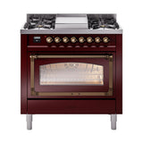 ILVE UN36FNMPBUBLP Nostalgie II Noblesse 36 inch Dual Fuel Range (Liquid Propane, Triple Glass Door, Burgundy, Burnished)