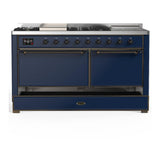 ILVE UM60FSQNR3MBBLP Majestic III 60 inch Dual Fuel Range with 7 Burners, Griddle and French Top, Dual Function Burner with up to 25,000 BTU (Liquid Propane, Solid Door, Midnight Blue, Burnished)