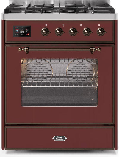 Majestic II 30 Inch Dual Fuel Liquid Propane Freestanding Range in Burgundy with Bronze Trim
