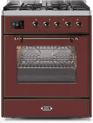 Majestic II 30 Inch Dual Fuel Liquid Propane Freestanding Range in Burgundy with Bronze Trim