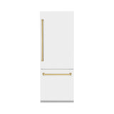 ZLINE 30" Autograph Edition 16.1 cu. ft. Built-in 2-Door Bottom Freezer Refrigerator with Internal Water and Ice Dispenser in White Matte with Polished Gold Accents (RBIVZ-WM-30-G)