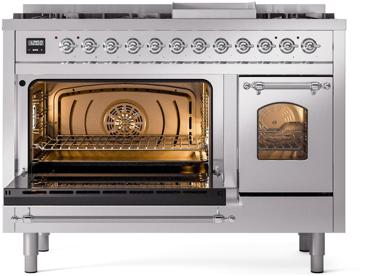 Nostalgie II 48 Inch Dual Fuel Natural Gas Freestanding Range in Stainless Steel with Chrome Trim
