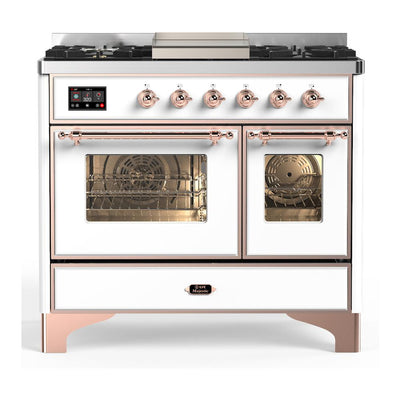 ILVE UMD40FNR3WHPLP Majestic III 40 inch Dual Fuel Range with 6 Burners and Griddle, Dual Function Burner up to 25,000 BTU (Liquid Propane, Triple Glass Door, White, Copper)