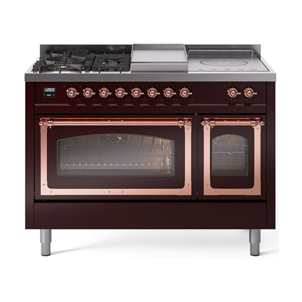 ILVE UN48FSNMPBUPLP Nostalgie II Noblesse 48 inch Dual Fuel Range (5 Sealed Burners + Griddle + French Top, Liquid Propane, Triple Glass Door, Burgundy, Copper)