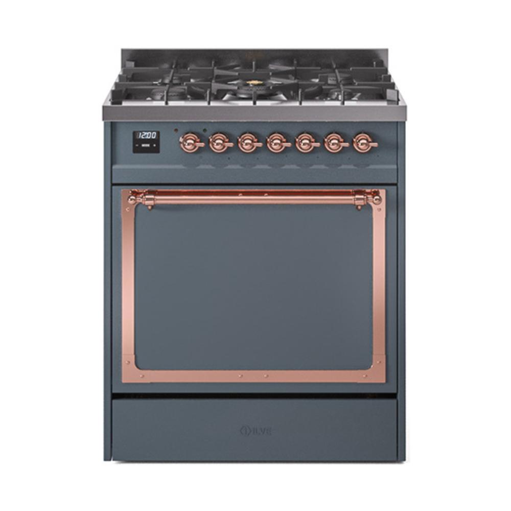 ILVE UN30QNMPBGPLP Nostalgie II Noblesse 30 inch Dual Fuel Range (Liquid Propane, Solid Door, Blue Grey, Copper)