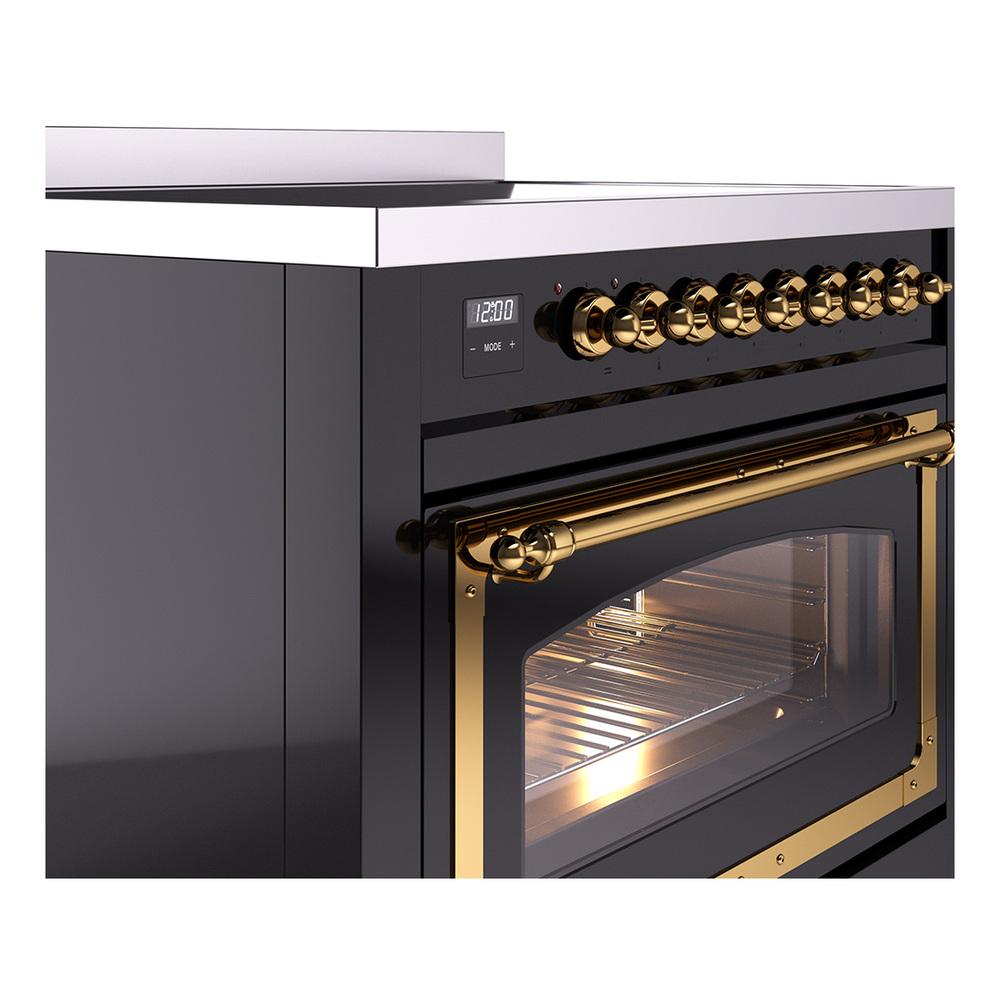 ILVE UNI366NMPBKG Nostalgie II Noblesse 36 inch Induction Range (Triple Glass Door, Glossy Black, Brass)