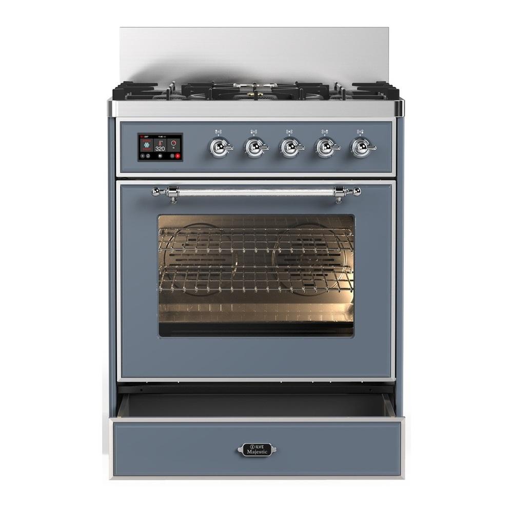ILVE UM30NR3BGC Majestic III 30 inch Dual Fuel Range with 5 Black Brass Burners, Dual Function Burner up to 25,000 BTU (Natural Gas, Triple Glass Door, Blue Grey, Chrome)