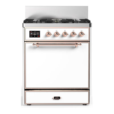 ILVE UM30QNR3WHPLP Majestic III 30 inch Dual Fuel Range with 5 Black Brass Burners, Dual Function Burner up to 25,000 BTU (Liquid Propane, Solid Door, White, Copper)