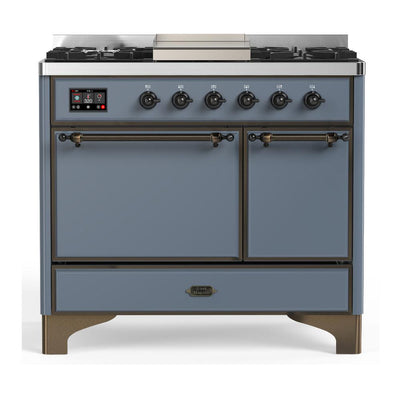 ILVE UMD40FQNR3BGBLP Majestic III 40 inch Dual Fuel Range with 6 Burners and Griddle, Dual Function Burner up to 25,000 BTU (Liquid Propane, Solid Door, Blue Grey, Burnished)