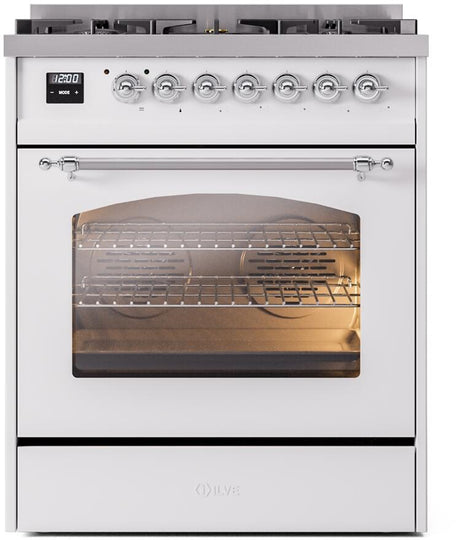 Nostalgie II 30 Inch Dual Fuel Natural Gas Freestanding Range in White with Chrome Trim
