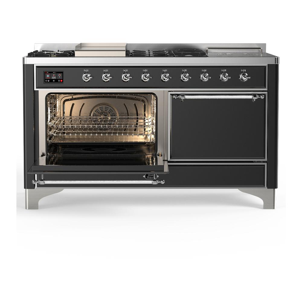 ILVE UM60FSQNR3MGC Majestic III 60 inch Dual Fuel Range with 7 Burners, Griddle and French Top, Dual Function Burner with up to 25,000 BTU (Natural Gas, Solid Door, Graphite Matte, Chrome)