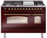 Nostalgie II 48 Inch Dual Fuel Natural Gas Freestanding Range in Burgundy with Brass Trim