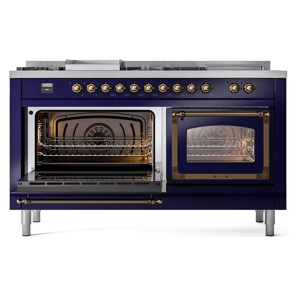 ILVE UN60FSNMPMBBLP Nostalgie II Noblesse 60 inch Dual Fuel Range (7 Sealed Burners + Griddle + French Top, Liquid Propane, Triple Glass Door, Midnight Blue, Burnished)