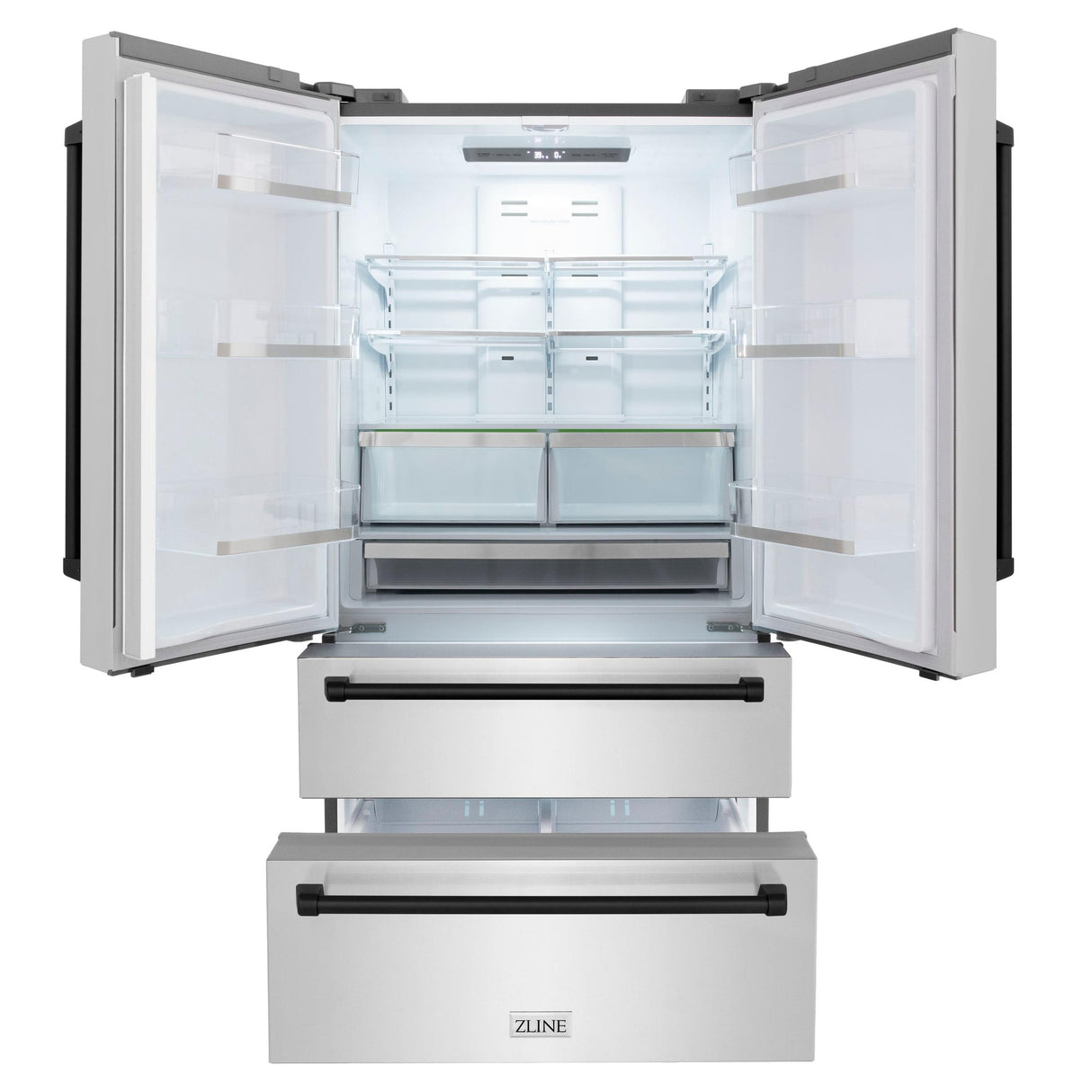 ZLINE 36" Autograph Edition 22.5 cu. ft Freestanding French Door Refrigerator with Ice Maker in Fingerprint Resistant Stainless Steel with Accents (RFMZ-36) [Color: Matte Black Accents]