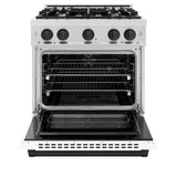 ZLINE Autograph Edition 30 in. 4.2 cu. ft. Select Dual Fuel Range with 4 Burner Gas Cooktop and Electric Convection Oven in DuraSnow' Stainless Steel with White Matte Door and Matte Black Accents (HDRSZ-WM-30-MB)