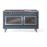 ILVE UN60FNMPBGCLP Nostalgie II Noblesse 60 inch Dual Fuel Range (9 Sealed Burners + Griddle, Liquid Propane, Triple Glass Door, Blue Grey, Chrome)