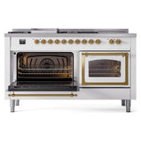 ILVE UN60FSNMPWHGLP Nostalgie II Noblesse 60 inch Dual Fuel Range (7 Sealed Burners + Griddle + French Top, Liquid Propane, Triple Glass Door, White, Brass)