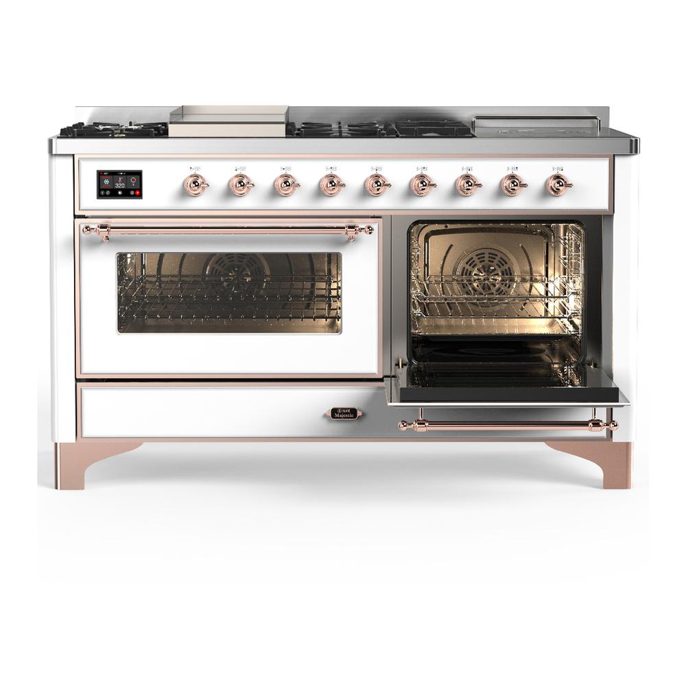 ILVE UM60FSNR3WHP Majestic III 60 inch Dual Fuel Range with 7 Burners, Griddle and French Top, Dual Function Burner with up to 25,000 BTU (Natural Gas, Triple Glass Door, White, Copper)