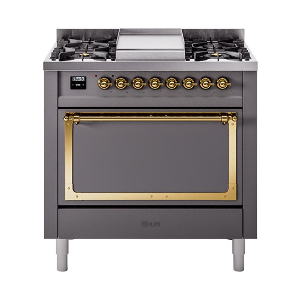 ILVE UN36FQNMPMGGLP Nostalgie II Noblesse 36 inch Dual Fuel Range (Liquid Propane, Solid Door, Graphite Matte, Brass)