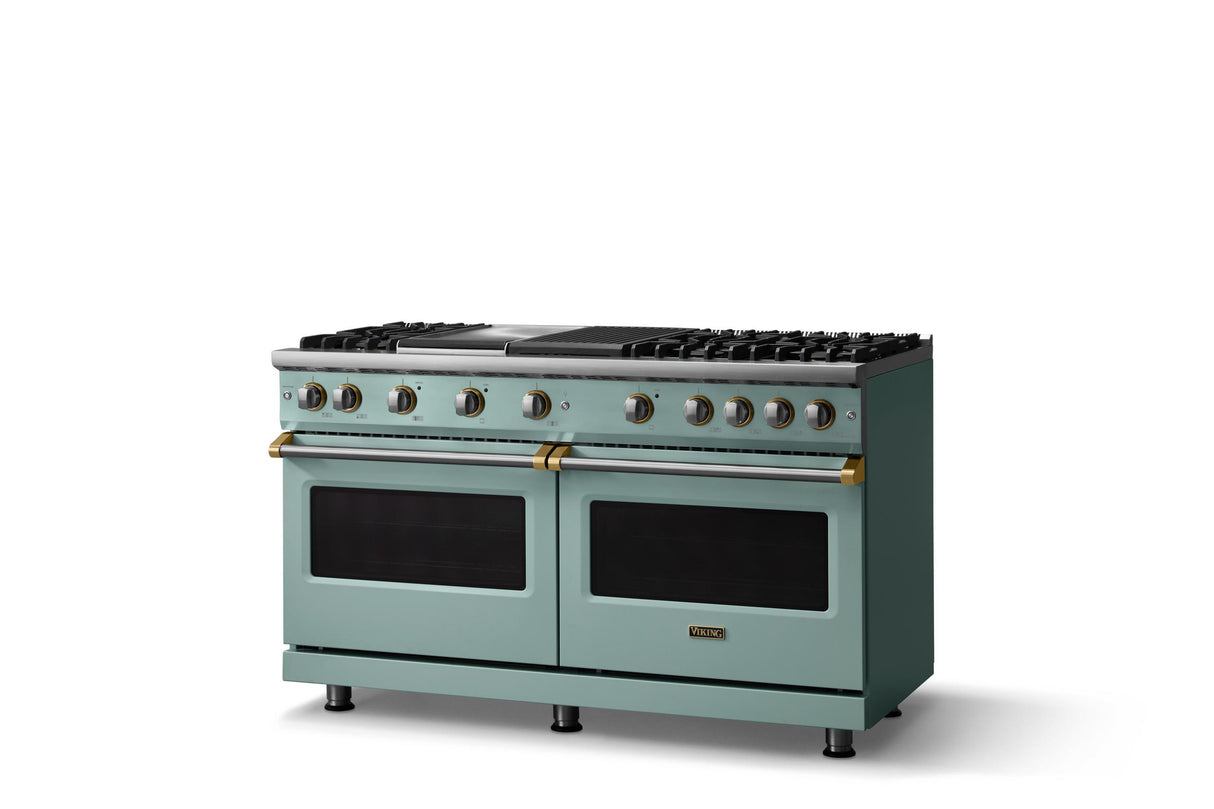 60"W. Sealed Burner Gas Range (Finish: Splash, Trim: Brushed Brass, Fuel: Natural Gas)