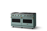 60"W. Sealed Burner Gas Range (Finish: Splash, Trim: Brushed Brass, Fuel: Natural Gas)