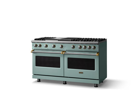 60"W. Sealed Burner Gas Range (Finish: Splash, Trim: Brushed Brass, Fuel: Propane)