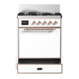 ILVE UM30QNR3WHP Majestic III 30 inch Dual Fuel Range with 5 Black Brass Burners, Dual Function Burner up to 25,000 BTU (Natural Gas, Solid Door, White, Copper)
