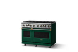 48"W. Open Burner Gas Range (Finish: Ivy, Trim: Brushed Brass, Fuel: Natural Gas)