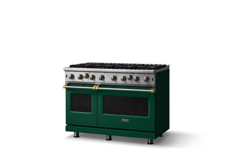48"W. Open Burner Gas Range (Finish: Ivy, Trim: Brushed Brass, Fuel: Natural Gas)