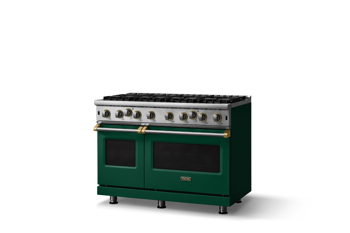 48"W. Open Burner Gas Range (Finish: Ivy, Trim: Brushed Brass, Fuel: Propane)