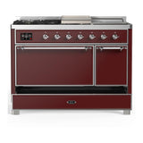 ILVE UM48FSQNR3BUC Majestic III 48 inch Dual Fuel Range with 5 Black Brass Burners, Griddle and French Top, Dual Function Burner up to 25,000 BTU (Natural Gas, Solid Door, Burgundy, Chrome)