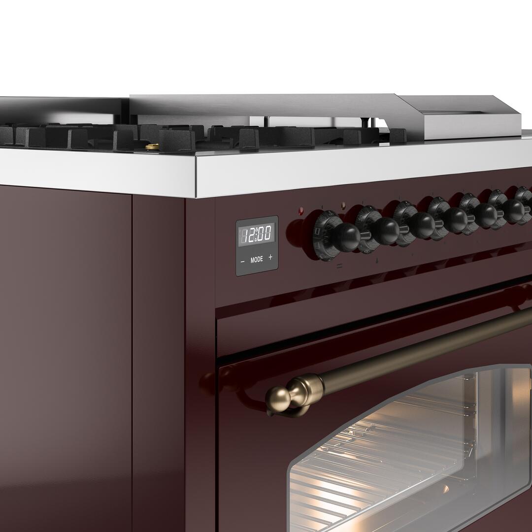 Nostalgie II 48 Inch Dual Fuel Liquid Propane Freestanding Range in Burgundy with Bronze Trim