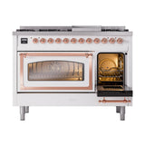 ILVE UN48FNMPWHPLP Nostalgie II Noblesse 48 inch Dual Fuel Range (8 Sealed Burners + Griddle, Liquid Propane, Triple Glass Door, White, Copper)