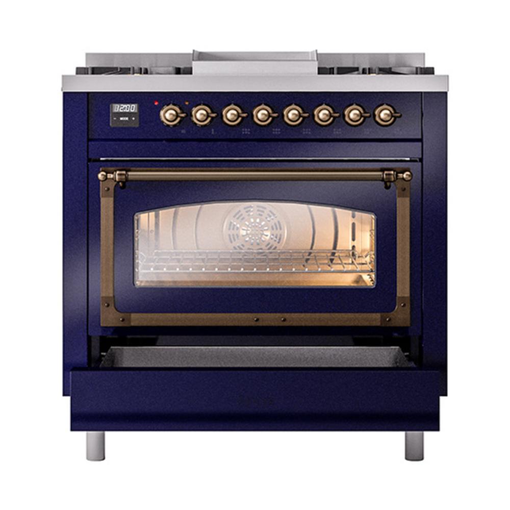 ILVE UN36FNMPMBB Nostalgie II Noblesse 36 inch Dual Fuel Range (Natural Gas, Triple Glass Door, Midnight Blue, Burnished)