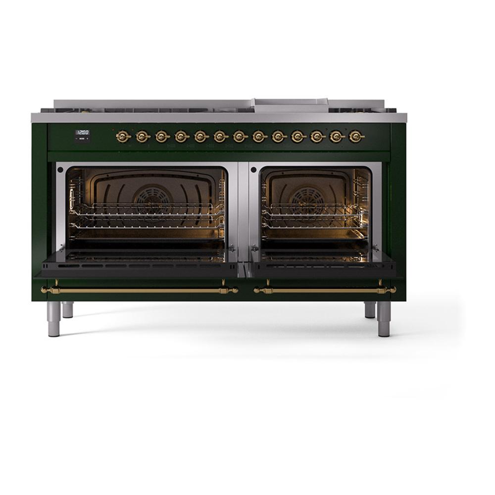 ILVE UN60FQNMPEGGLP Nostalgie II Noblesse 60 inch Dual Fuel Range (9 Sealed Burners + Griddle, Liquid Propane, Solid Door, Emerald Green, Brass)