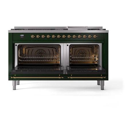 ILVE UN60FQNMPEGGLP Nostalgie II Noblesse 60 inch Dual Fuel Range (9 Sealed Burners + Griddle, Liquid Propane, Solid Door, Emerald Green, Brass)