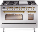 Nostalgie II 48 Inch Dual Fuel Liquid Propane Freestanding Range in Stainless Steel with Brass Trim
