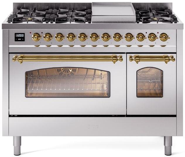 Nostalgie II 48 Inch Dual Fuel Liquid Propane Freestanding Range in Stainless Steel with Brass Trim