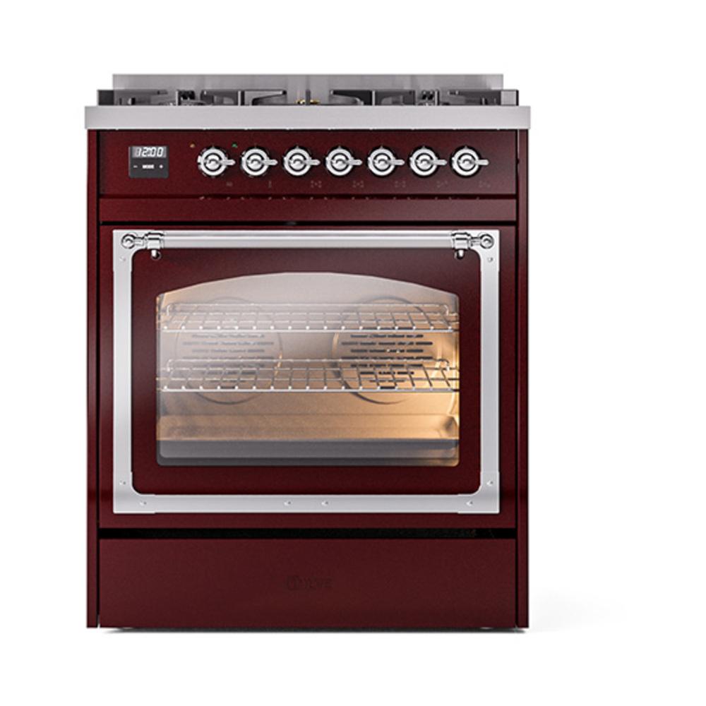 ILVE UN30NMPBUC Nostalgie II Noblesse 30 inch Dual Fuel Range (Natural Gas, Triple Glass Door, Burgundy, Chrome)