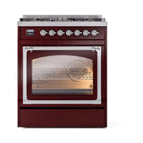 ILVE UN30NMPBUC Nostalgie II Noblesse 30 inch Dual Fuel Range (Natural Gas, Triple Glass Door, Burgundy, Chrome)