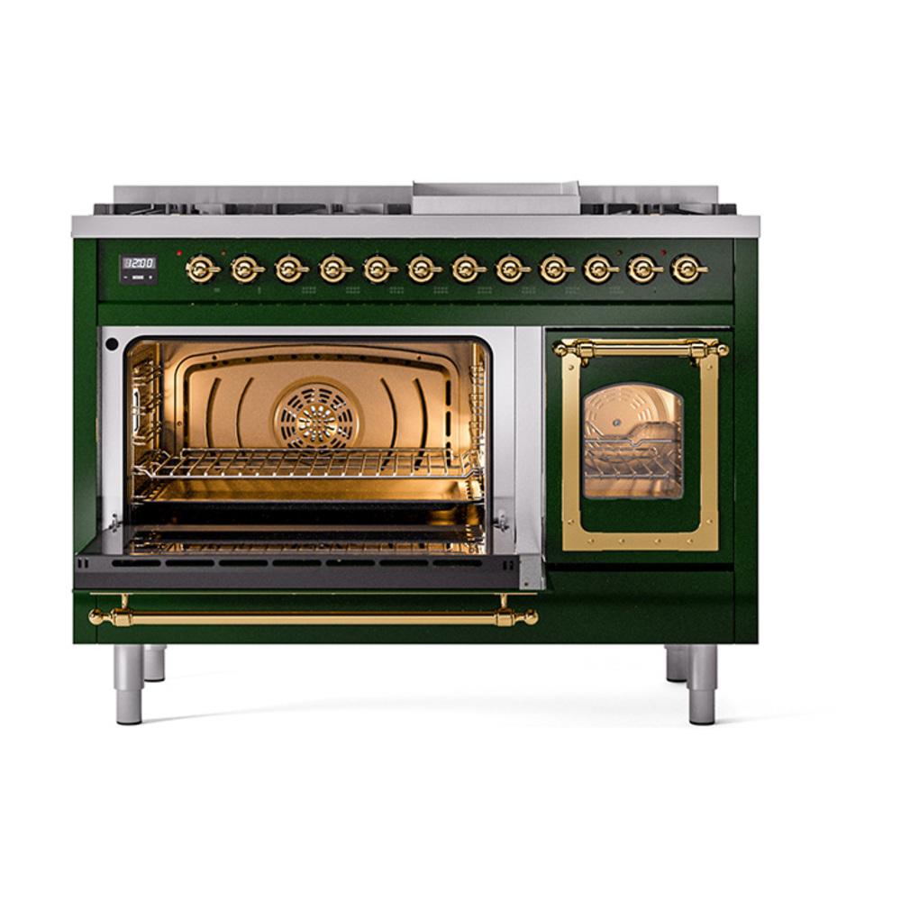 ILVE UN48FNMPEGGLP Nostalgie II Noblesse 48 inch Dual Fuel Range (8 Sealed Burners + Griddle, Liquid Propane, Triple Glass Door, Emerald Green, Brass)