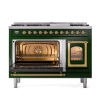 ILVE UN48FNMPEGGLP Nostalgie II Noblesse 48 inch Dual Fuel Range (8 Sealed Burners + Griddle, Liquid Propane, Triple Glass Door, Emerald Green, Brass)